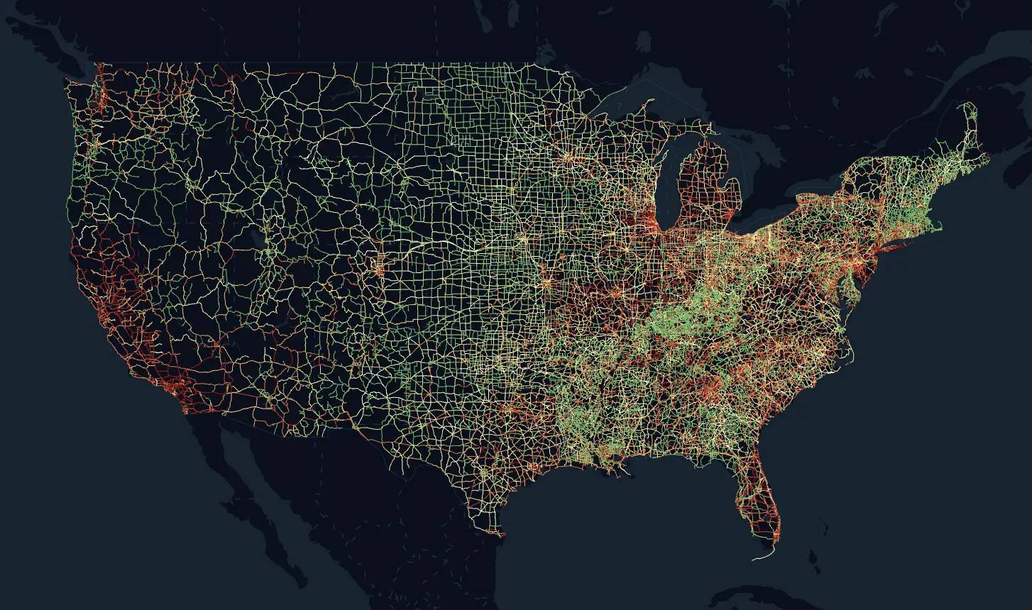 USA roads network showing junction complexity scoring